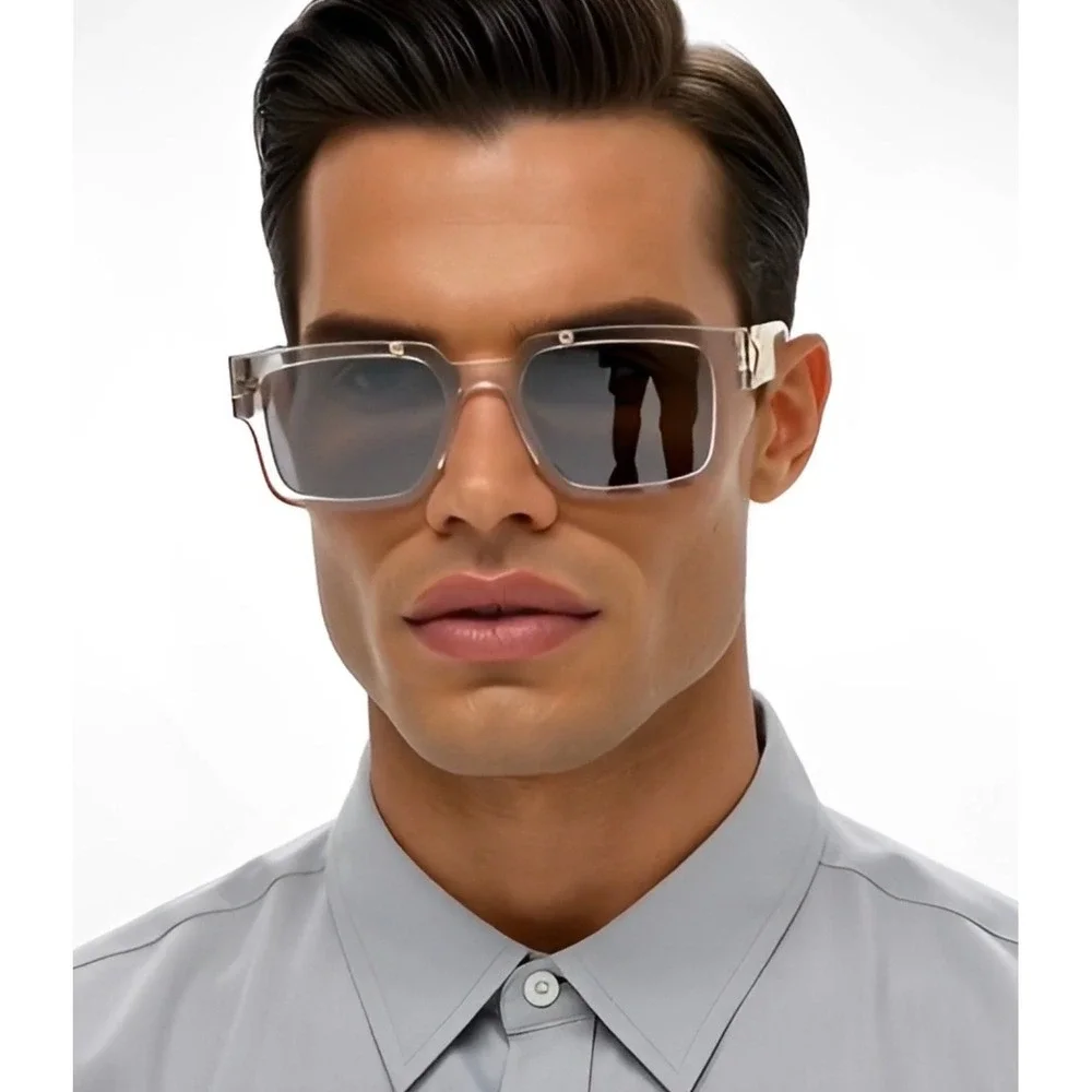 Mens Square Transparent Frame Sunglasses Mirror Lens Oversized Fashion UV400 New